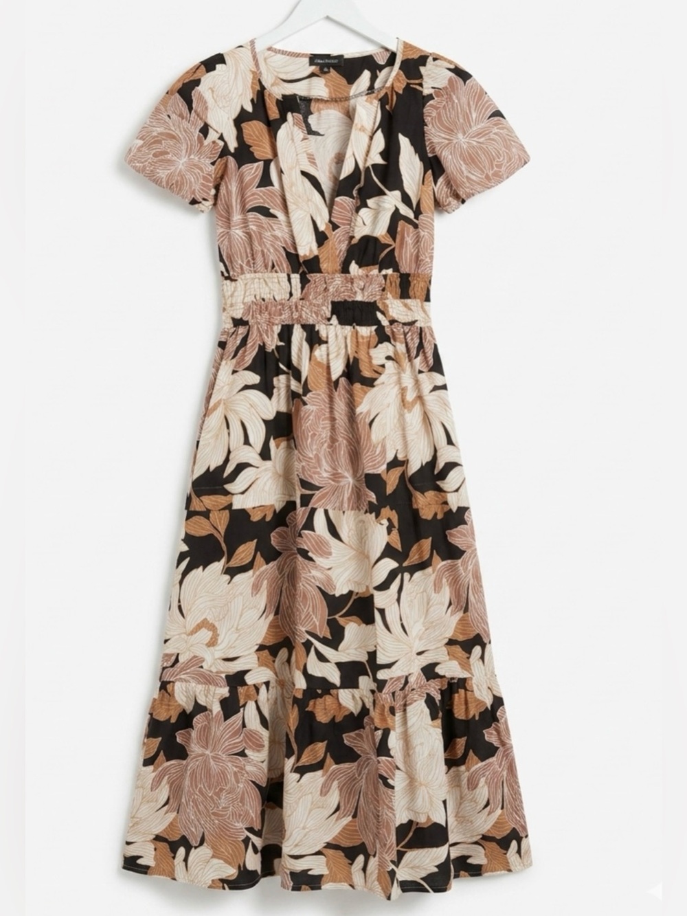 Floral Tiered Midi Dress in Black and Cream